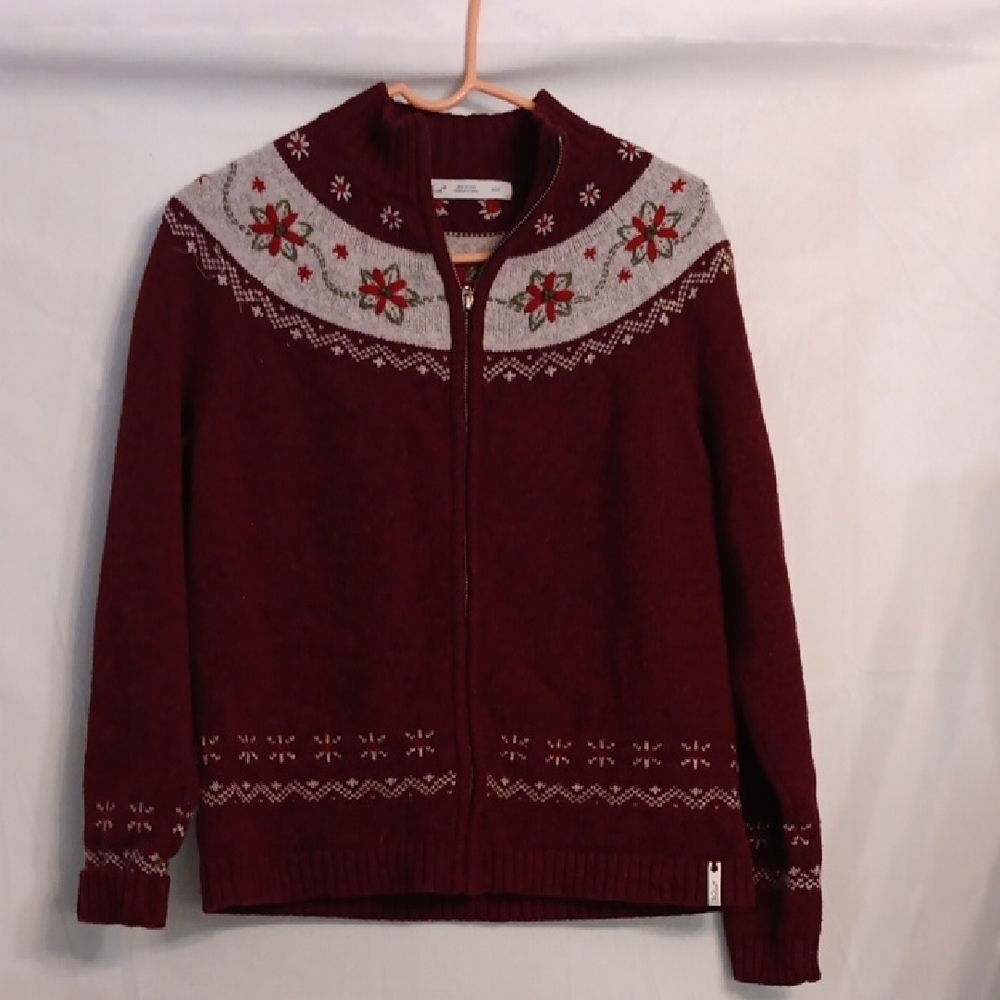 Woolrich Burgundy Zip-Up Fair Isle Sweater with Gray Yoke